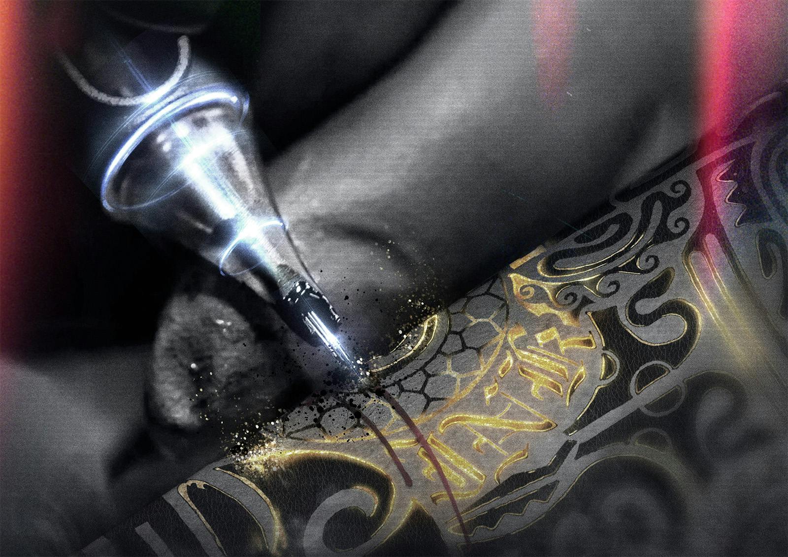 Graphic tattoo needle making gold pattern